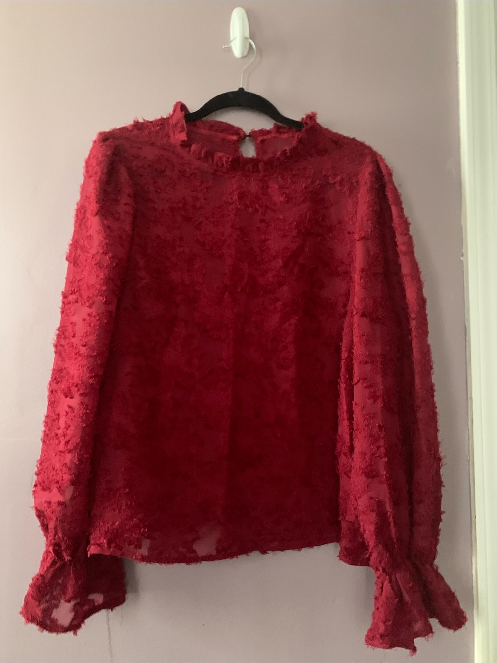 SHEIN Berry Red Textured Long-Sleeve Lace Blouse Sz XL
